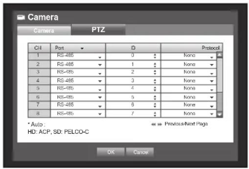 Camera Camera PTZ CH Port ID Protocol 1 RS-485 0 None 2 RS-485 1 None 3 RS-485 2 None 4 RS-485 3 None 5 RS-485 4 None 6 RS-485 5 None 7 RS-485 6 None 8 RS-485 7 None * Auto: ←→ Previous/Next Page HD: ACP, SD: PELCO-C OK Cancel