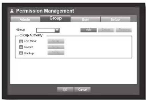 Permission Management Admin Group User Setup Group Add Drawn Remove Group Authority Live View Sattn Search Sattn Backup Sattn OK Cancel