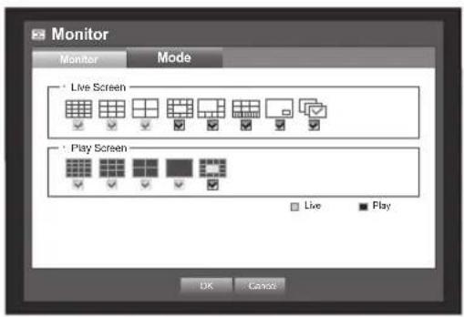 Monitor Monitor Mode Live Screen Play Screen Live Play OK Cancel