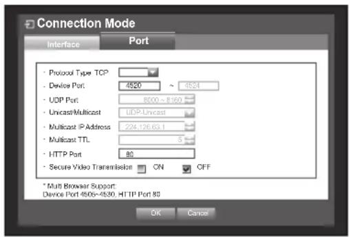 Connection Mode Interface Port Protocol Type TCP Device Port 4520 ~ 4524 UDP Port 8000 ~ 8160 Unicast/Multicast UDP-Unicast Multicast IP Address 224.126.63.1 Multicast TTL 5 HTTP Port 80 Secure Video Transmission ON OFF * Multi Browser Support: Device Port 4506~4530, HTTP Port 89 OK Cancel