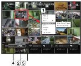 Screenshot of a surveillance camera interface with multiple video thumbnails and a context menu open, showing Chinese text labels.
