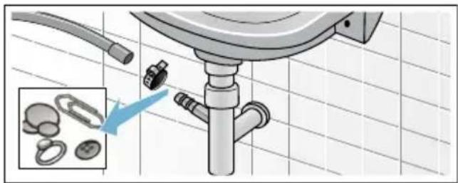 Illustration of a showerdown sink with attached tubing and a close-up inset showing ring components (no text or symbols)