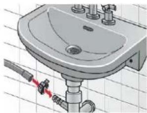 Illustration of a bathroom sink with faucet and pipe fittings (no text or symbols)