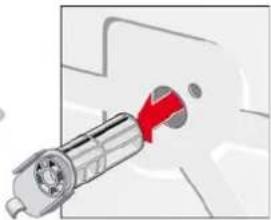 Mechanical component diagram showing a red arrow pointing to a cylindrical part (no text or symbols)