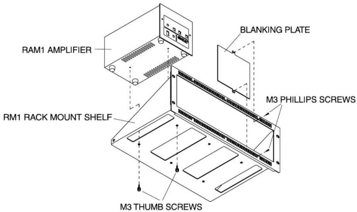 RAM1 AMPLIFIER BLANKING PLATE RM1 RACK MOUNT SHELF M3 PHILLIPS SCREWS M3 THUMB SCREWS