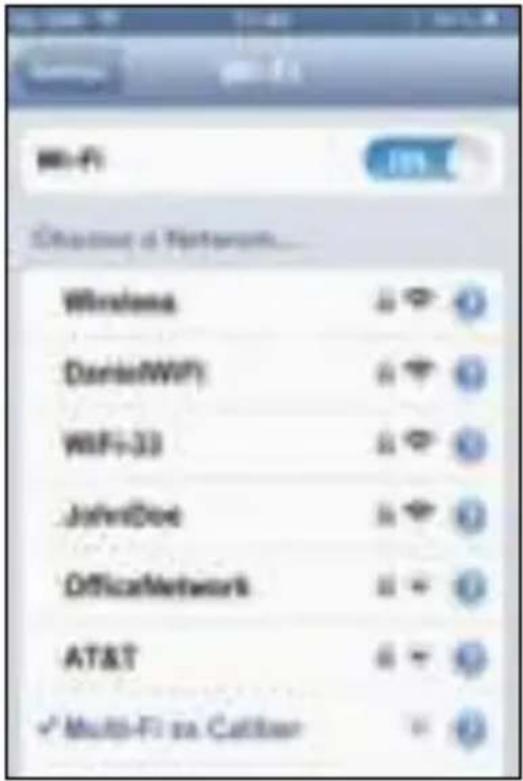 Multi-Fi Internet of Network... Wireless Dance(WiFi) WiFi-33 JohnDoc OfficeNetwork AT&T ✓ Multi-Fi on Calliber