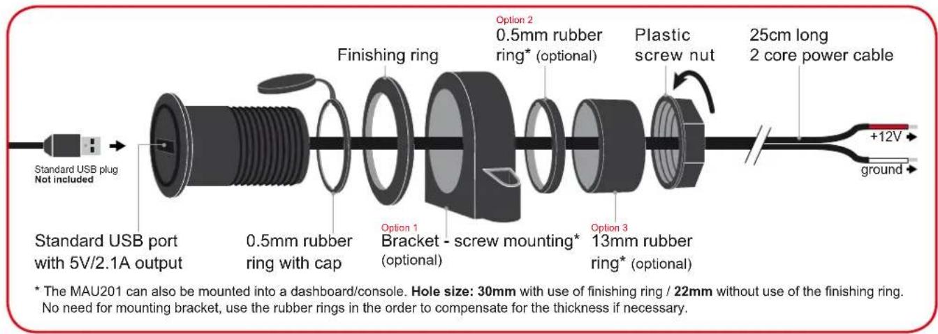 Standard USB plug Not included Standard USB port with 5V/2.1A output 0.5mm rubber ring with cap Finishing ring Option 1 Bracket - screw mounting* (optional) Option 2 0.5mm rubber ring* (optional) Plastic screw nut 25cm long 2 core power cable ground +12V Hole size: 30mm with use of finishing ring / 22mm without use of the finishing ring. No need for mounting bracket, use the rubber rings in the order to compensate for the thickness if necessary.