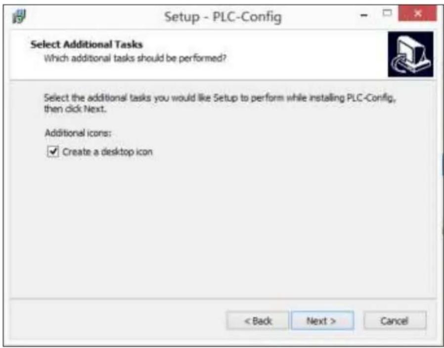 Setup - PLC-Config Select Additional Tasks Which additional tasks should be performed? Select the additional tasks you would like Setup to perform while installing PLC-Config, then click Next. Additional icons: ✓ Create a desktop icon < Back Next > Cancel