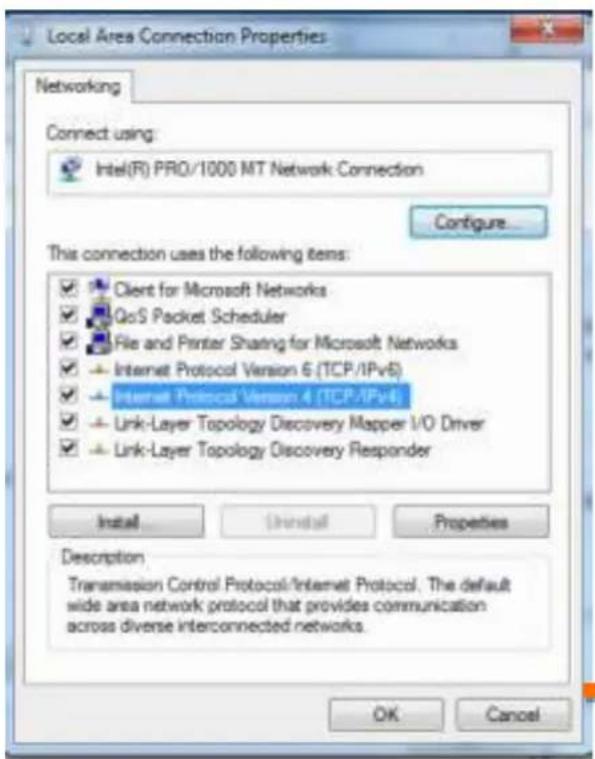 Local Area Connection Properties Networking Connect using Intel(R) PRO/1000 MT Network Connection Configure... This connection uses the following items: Client for Microsoft Networks QoS Packet Scheduler File and Printer Sharing for Microsoft Networks Internet Protocol Version 6 (TCP/IPv6) Internet Protocol Version 4 (TCP/IPv4) Link-Layer Topology Discovery Mapper I/O Driver Link-Layer Topology Discovery Responder Install Install Properties Description Transmission Control Protocol/Internet Protocol. The default wide area network protocol that provides communication across diverse interconnected networks. OK Cancel