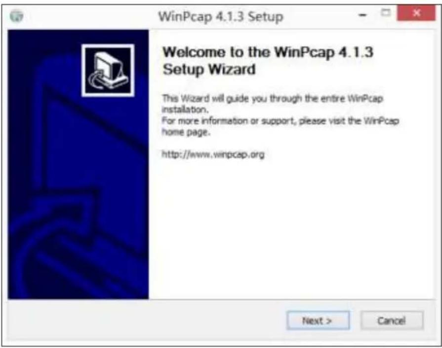 WinPcap 4.1.3 Setup Welcome to the WinPcap 4.1.3 Setup Wizard This Wizard will guide you through the entire WinPcap installation. For more information or support, please visit the WinPcap home page. http://www.winpcap.org Next > Cancel