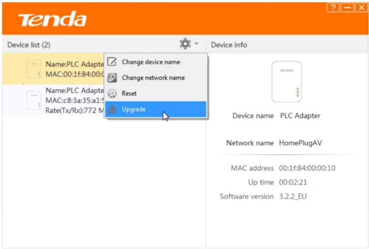 Tenda Device list (2) Name:PLC Adapter MAC:00:1f:84:00:0 Name:PLC Adapter MAC:c8:3a:35:a1:5 Rate(Tx/Rx):772 M Change device name Change network name Reset Upgrade Device info Device name PLC Adapter Network name HomePlugAV MAC address 00:1f:84:00:00:10 Up time 00:02:21 Software version 3.2.2_EU