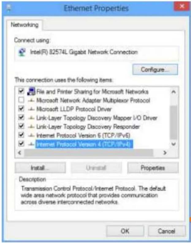 Ethernet Properties Networking Connect using: Intel(R) 82574L Gigabit Network Connection Configure... This connection uses the following items: File and Printer Sharing for Microsoft Networks Microsoft Network Adapter Multiplexor Protocol Microsoft LLDP Protocol Driver Link-Layer Topology Discovery Mapper I/O Driver Link-Layer Topology Discovery Responder Internet Protocol Version 6 (TCP/IPv6) Internet Protocol Version 4 (TCP/IPv4) Install... Uninstall... Properties Description Transmission Control Protocol/Internet Protocol. The default wide area network protocol that provides communication across diverse interconnected networks. OK Cancel
