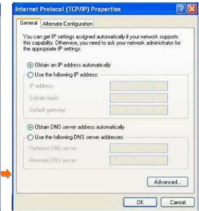 Internet Protocol (TCP/IP) Properties General Alternate Configuration You can get IP settings assigned automatically if your network supports this capability. Otherwise, you need to ask your network administrator for the appropriate IP settings. Obtain an IP address automatically Use the following IP address: IP address: Subnet mask: Default gateway: Obtain DNS server address automatically Use the following DNS server addresses: Preferred DNS server: Alternate DNS server: Advanced... OK Cancel