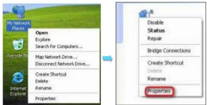 My Network Places Open Explore Search for Computers... Map Network Drive... Disconnect Network Drive... Create Shortcut Delete Rename Properties Disable Status Repair Bridge Connections Create Shortcut Rename Properties