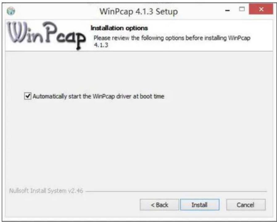 WinPcap 4.1.3 Setup Installation options Please review the following options before installing WinPcap 4.1.3 ✓ Automatically start the WinPcap driver at boot time Nullsoft Install System v2.46 < Back Install Cancel