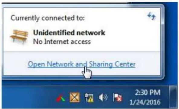 Currently connected to: Unidentified network No Internet access Open Network and Sharing Center 2:30 PM 1/24/2016