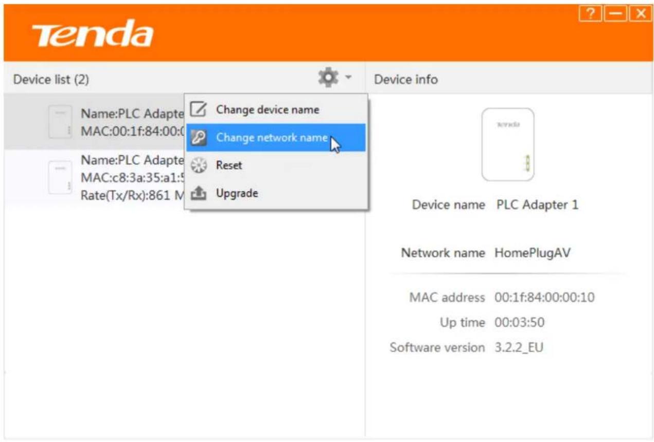 Tenda Device list (2) Name:PLC Adapter MAC:00:1f:84:00:0 Name:PLC Adapter MAC:c8:3a:35:a1:5 Rate(Tx/Rx):861 M Change device name Change network name Reset Upgrade Device info Device name PLC Adapter 1 Network name HomePlugAV MAC address 00:1f:84:00:00:10 Up time 00:03:50 Software version 3.2.2_EU