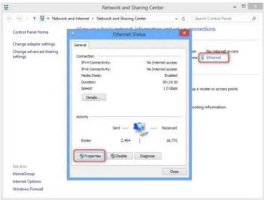 Network and Sharing Center Network and Internet > Network and Sharing Center Search Control Panel Internet Status General Connection IPv4 Connectivity: No Internet access IPv4 Connectivity: No Internet access Media States: Enabled Duration: 00:24:26 Speed: 1.0 Gbps Details... Activity Send ———— Received Bytes: 2,404 | 18,772 Properties Enable Diagnose Close HomeGroup Internet Options Windows Firewall