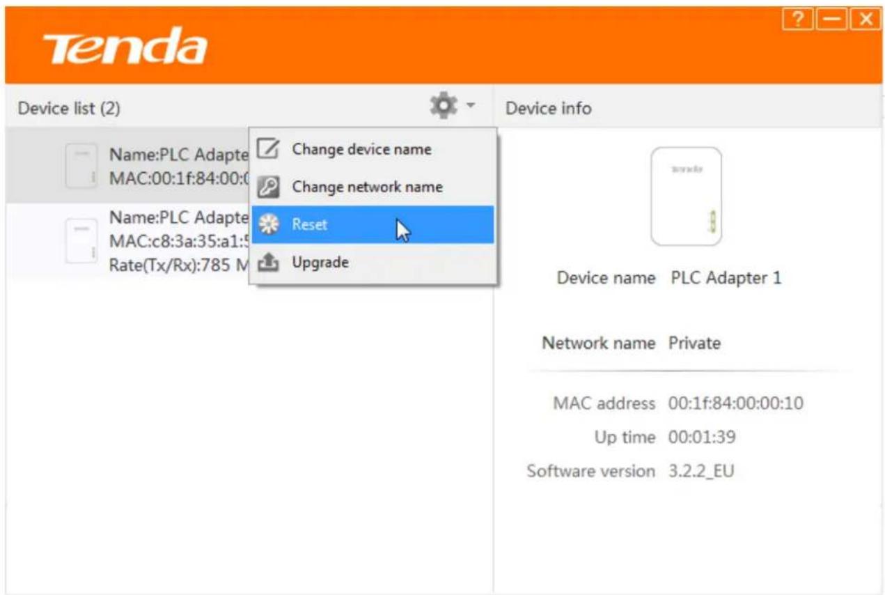 Tenda Device list (2) Name:PLC Adapter MAC:00:1f:84:00:0 Name:PLC Adapter MAC:c8:3a:35:a1:5 Rate(Tx/Rx):785 M Change device name Change network name Reset Upgrade Device info Device name PLC Adapter 1 Network name Private MAC address 00:1f:84:00:00:10 Up time 00:01:39 Software version 3.2.2_EU