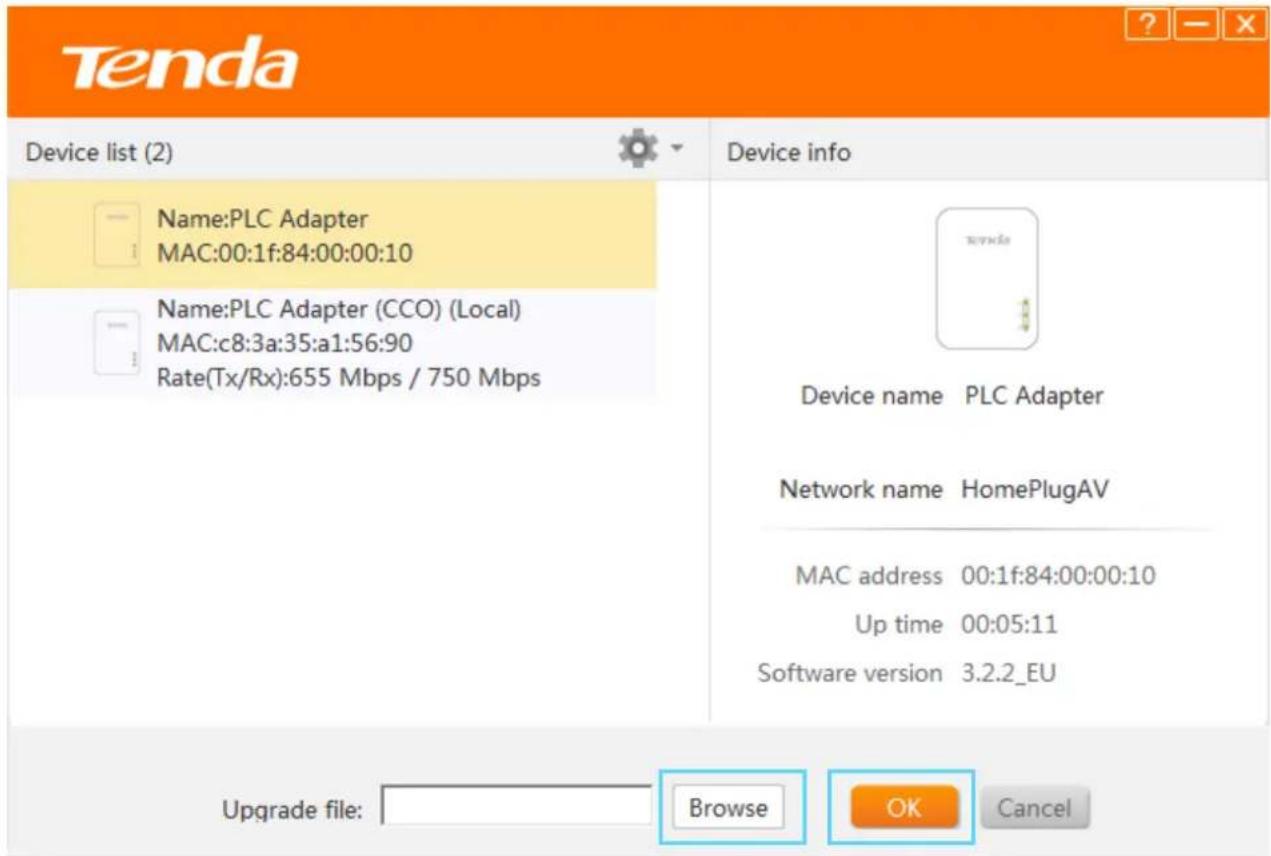 Tenda Device list (2) Name:PLC Adapter MAC:00:1f:84:00:00:10 Name:PLC Adapter (CCO) (Local) MAC:c8:3a:35:a1:56:90 Rate(Tx/Rx):655 Mbps / 750 Mbps Device info Device name PLC Adapter Network name HomePlugAV MAC address 00:1f:84:00:00:10 Up time 00:05:11 Software version 3.2.2_EU Upgrade file: Browse OK Cancel