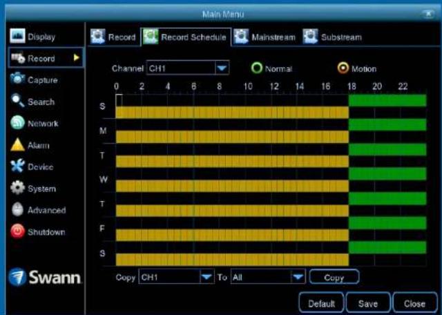 Main Menu Display Record Record Schedule Mainstream Substream Record Capture Search Network Alarm Device System Advanced Shutdown Swann Channel CH1 Normal Motion 0 2 4 6 8 10 12 14 16 18 20 22 S M T W T F S Copy CH1 To All Copy Default Save Close