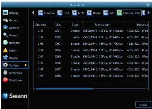 Main Menu Display Record Capture Search Network Alarm Device System Advanced Shutdown General DST NTP Users Info Channel Info Channel Alias Strike Mainstream Substream CH1 CH1 Enable 2560x1944, 12Fps, 6144Kbps 432x 320, 4Fps CH2 CH2 Enable 2560x1944, 12Fps, 6144Kbps 432x 320, 4Fps CH3 CH3 Enable 2560x1944, 12Fps, 6144Kbps 432x 320, 4Fps CH4 CH4 Enable 2560x1944, 12Fps, 6144Kbps 432x 320, 4Fps CH5 CH5 Enable 2560x1440, 15Fps, 6144Kbps 432x 320, 4Fps CH6 CH6 Enable 2560x1440, 15Fps, 6144Kbps 432x 320, 4Fps CH7 CH7 Enable 2560x1440, 15Fps, 6144Kbps 432x 320, 4Fps CH8 CH8 Enable 2560x1440, 15Fps, 6144Kbps 432x 320, 4Fps Swann Close