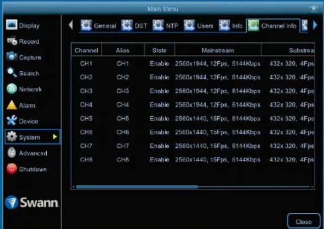 Main Menu Display Record Capture Search Network Alarm Device System Advanced Shutdown Channel Alias State Mainstream Substream CH1 CH1 Enable 2560x1944, 12Fps, 5144Kbps 432x 320, 4Fps CH2 CH2 Enable 2560x1944, 12Fps, 5144Kbps 432x 320, 4Fps CH3 CH3 Enable 2560x1944, 12Fps, 5144Kbps 432x 320, 4Fps CH4 CH4 Enable 2560x1944, 12Fps, 5144Kbps 432x 320, 4Fps CH5 CH5 Enable 2560x1440, 15Fps, 5144Kbps 432x 320, 4Fps CH6 CH6 Enable 2560x1440, 15Fps, 5144Kbps 432x 320, 4Fps CH7 CH7 Enable 2560x1440, 15Fps, 5144Kbps 432x 320, 4Fps CH8 CH8 Enable 2560x1440, 15Fps, 5144Kbps 432x 320, 4Fps Swann Close