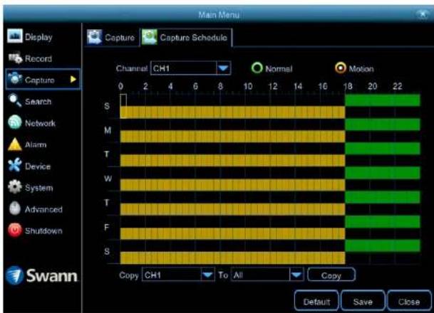 Main Menu Display Record Capture Capture Schedule Channel CH1 Normal Motion 0 2 4 6 8 10 12 14 16 18 20 22 S M T W T F S Copy CH1 To All Copy Default Save Close Swann