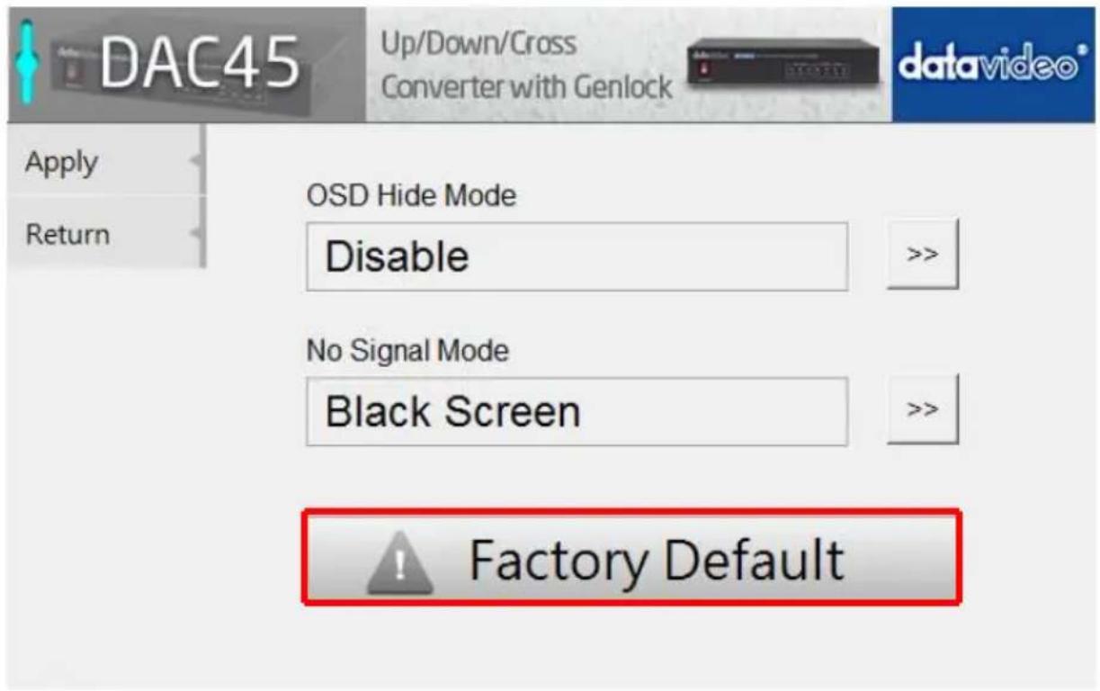 DAC45 Up/Down/Cross Converter with Genlock Apply Return OSD Hide Mode Disable No Signal Mode Black Screen Factory Default