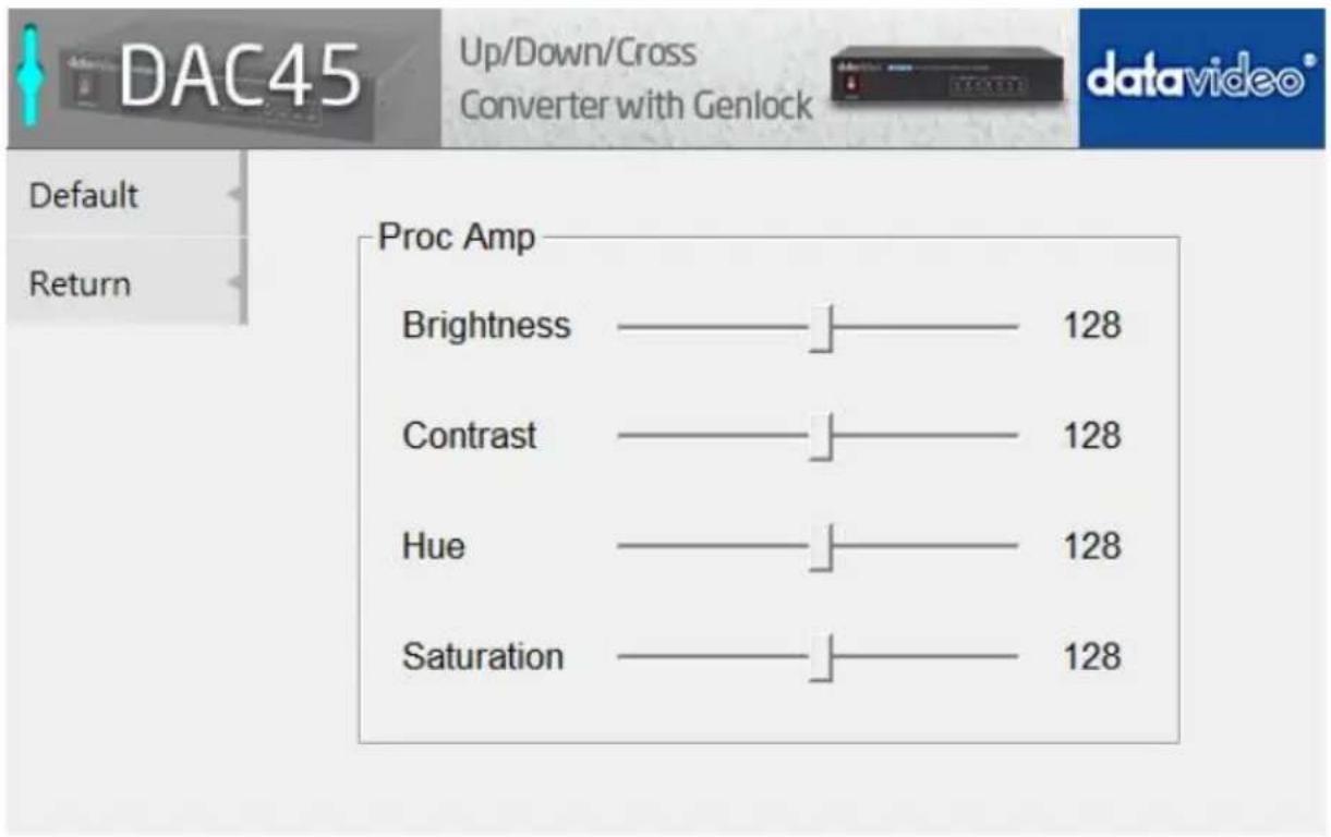 DAC45 Up/Down/Cross Converter with Genlock Default Return Proc Amp Brightness ———— 128 Contrast ———— 128 Hue ———— 128 Saturation ———— 128