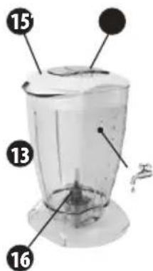 Labeled diagram of a blender with numbered parts including 15, 13, and 16 markers