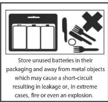 Store unused batteries in their packaging and away from metal objects which may cause a short-circuit resulting in leakage or, in extreme cases, fire or even an explosion.