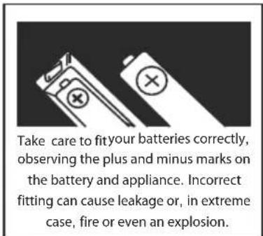 Take care to fit your batteries correctly, observing the plus and minus marks on the battery and appliance. Incorrect fitting can cause leakage or, in extreme case, fire or even an explosion.