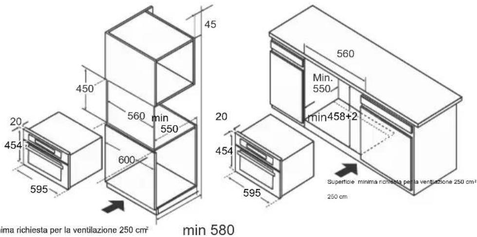 45 450 20 454 595 560 min 550 600 20 454 595 560 Min. 550 min458+2 Superficie minima richiesta per la ventilazione 250 cm² 250 cm ima richiesta per la ventilazione 250 cm² min 580