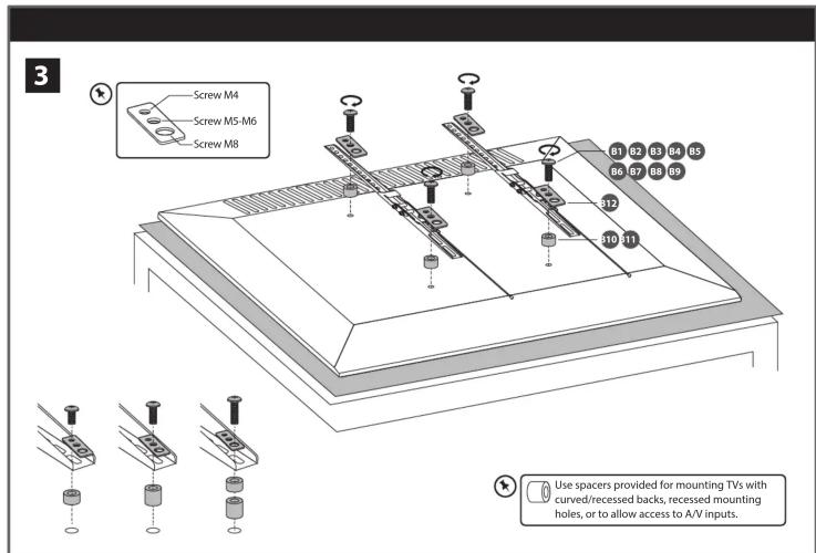 Screw M4 Screw M5-M6 Screw M8 31 31 31 31 31 31 31 31 31 31 31 31 31 Use spacers provided for mounting TVs with curved/recessed backs, recessed mounting holes, or to allow access to A/V inputs.