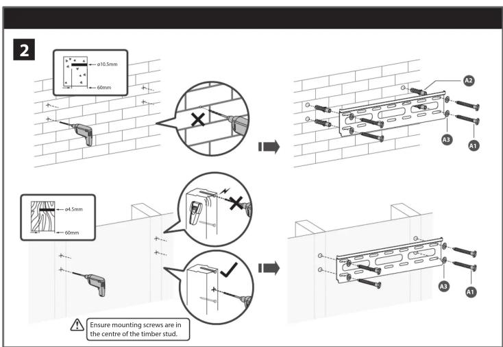2 ø10.5mm 60mm ø4.5mm 60mm Ensure mounting screws are in the centre of the timber stud. A2 G G A3 A3 A3 A1