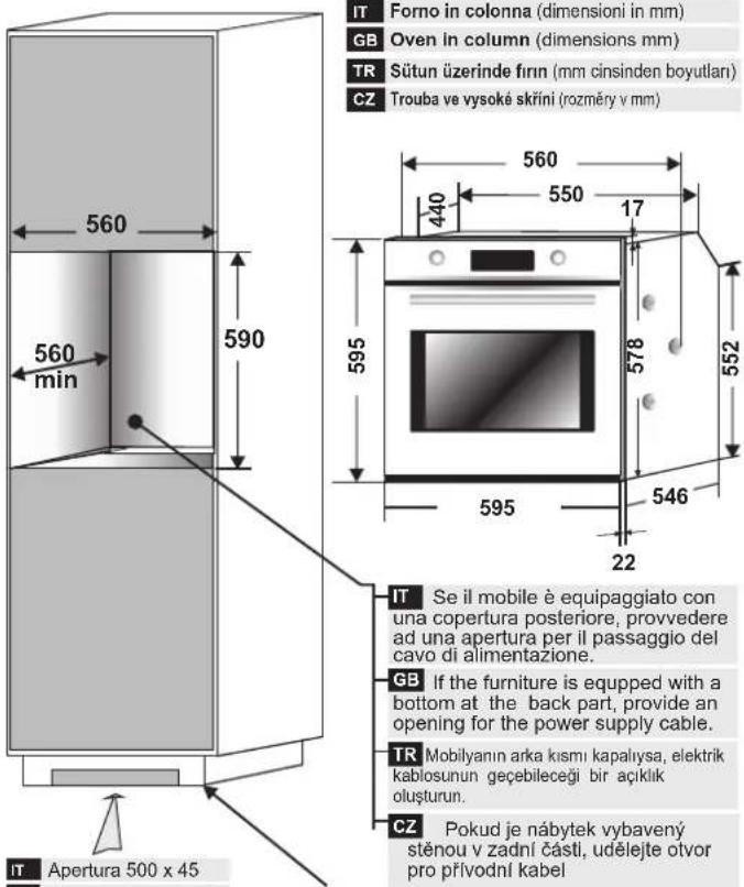 IT Forno in colonna (dimensioni in mm) GB Oven in column (dimensions mm) TR Sütun üzerinde firn (mm cinsinden boyutları) CZ Trouba ve vysoké skříní (rozměry v mm) 560 590 560 min 595 440 550 17 578 552 595 546 22 IT Se il mobile è equipaggiato con una copertura posteriore, provvedere ad una apertura per il passaggio del cavo di alimentazione. GB If the furniture is equipped with a bottom at the back part, provide an opening for the power supply cable. TR Mobilyanin arka kismí kapaliysa, elektrik kablosunun geçebileceři bir açıklik oluşturun. CZ Pokud je nábytek vybavený stěnou v zadní části, udělejte otvor pro přívodní kabel IT Apertura 500 x 45
