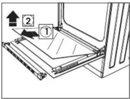 Diagram showing a mechanical assembly with labeled components and directional arrows indicating motion or force.