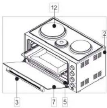 Labeled diagram of a microwave oven with numbered components for identification