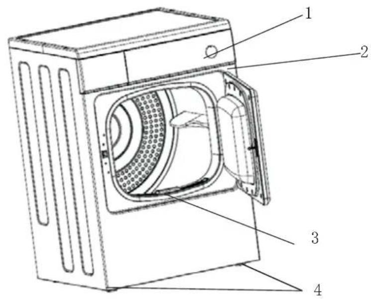 Technical diagram of a washing machine with numbered parts labeled 1 to 4