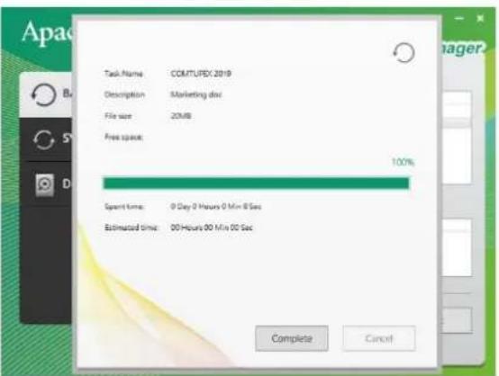 Apache Task Name: CCOMUTPEX 2019 Description: Marketing disc File size: 20MB Free space: 100% Spent time: 0 Day 2 Hours 0 Min 8 Sec Estimated time: 00 Hours 00 Min 00 Sec Complete Cancel