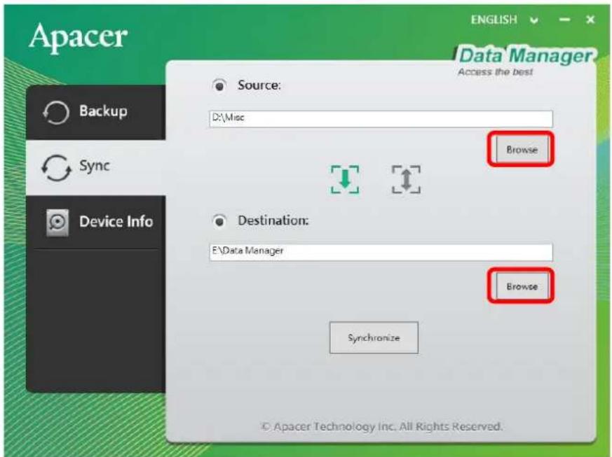 Apacer Backup Sync Device Info Source: D:\Misc Browse Destination: E:\Data Manager Browse Synchronize © Apacer Technology Inc. All Rights Reserved.
