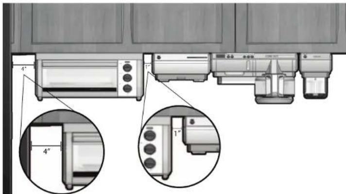 Technical diagram showing front and side views of a kitchen appliance with labeled parts and angular measurements