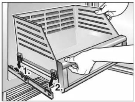 Diagram showing a hand operating a rack-mounted device with labeled parts 1 and 2