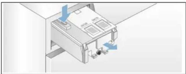 Isometric view of a computer monitor with two ports and directional arrows indicating movement (no text or symbols)