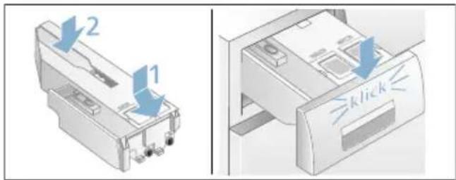 Diagram showing two views of a printer's internal structure with labeled parts and a click button indicator.