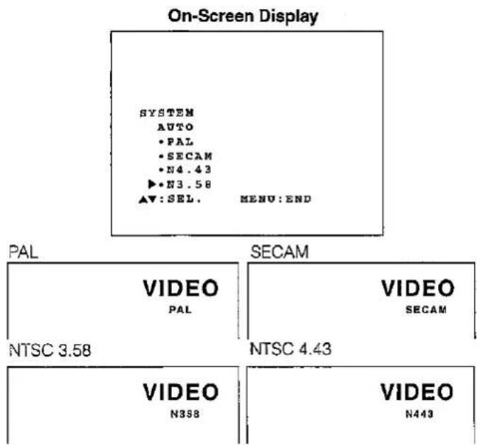 On-Screen Display SYSTEM AUTO • PAL • SECAM • N4.43 ▶• N3.58 ▲▼: SEL. MENU: END PAL VIDEO PAL NTSC 3.58 SECAM VIDEO VIDEO SECAM NTSC 4.43 VIDEO N398 VIDEO N443