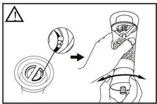 Diagram illustrating a hand holding a device with warning symbols and labeled parts, likely for safety or safety instructions.