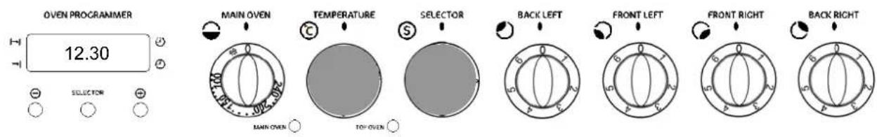 OVEN PROGRAMMER 12.30 MAIN OVEN TEMPERATURE SELECTOR BACK LEFT FRONT LEFT FRONT RIGHT BACK RIGHT SELECTOR MAIN OVEN TOI OVEN