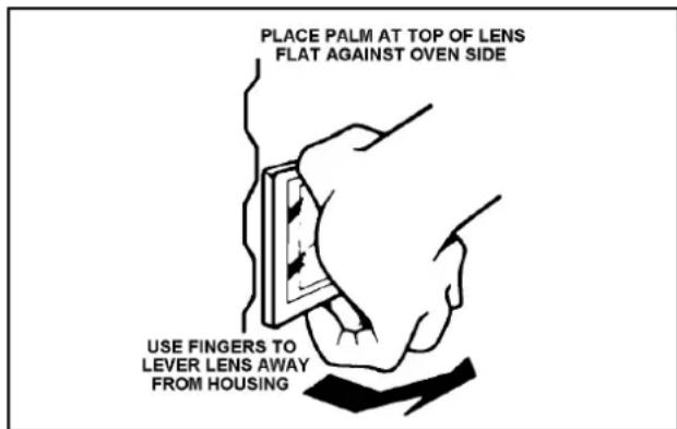 PLACE PALM AT TOP OF LENS FLAT AGAINST OVEN SIDE USE FINGERS TO LEVER LENS AWAY FROM HOUSING